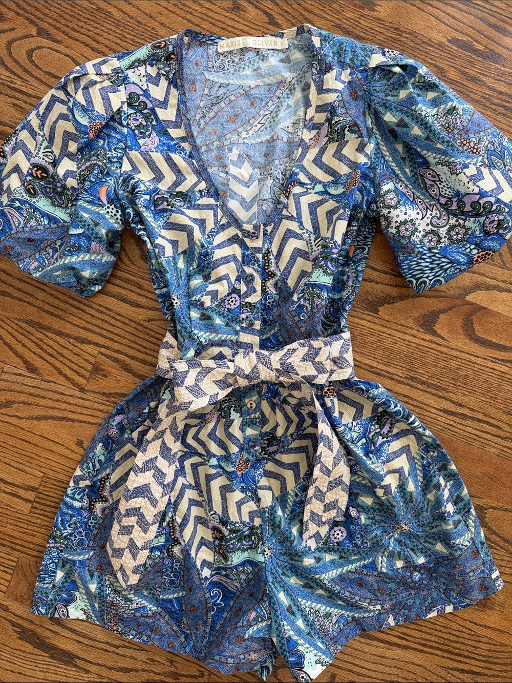 Marie Oliver Blue Short Sleeve Shorts Romper with Belt Size 0